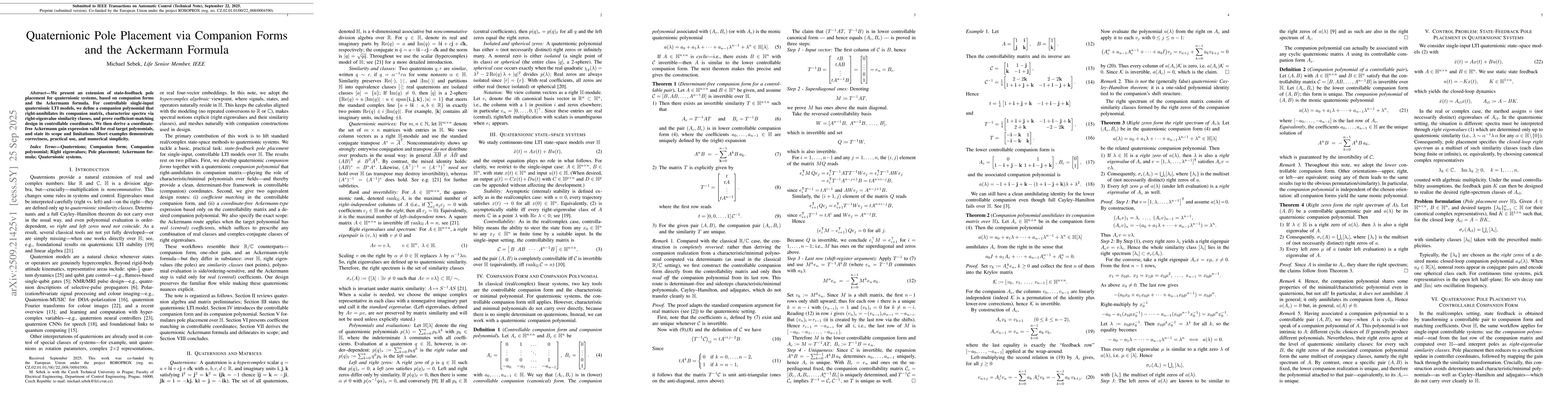 Thumbnail for Quaternionic Pole Placement via Companion Forms and the Ackermann
  Formula