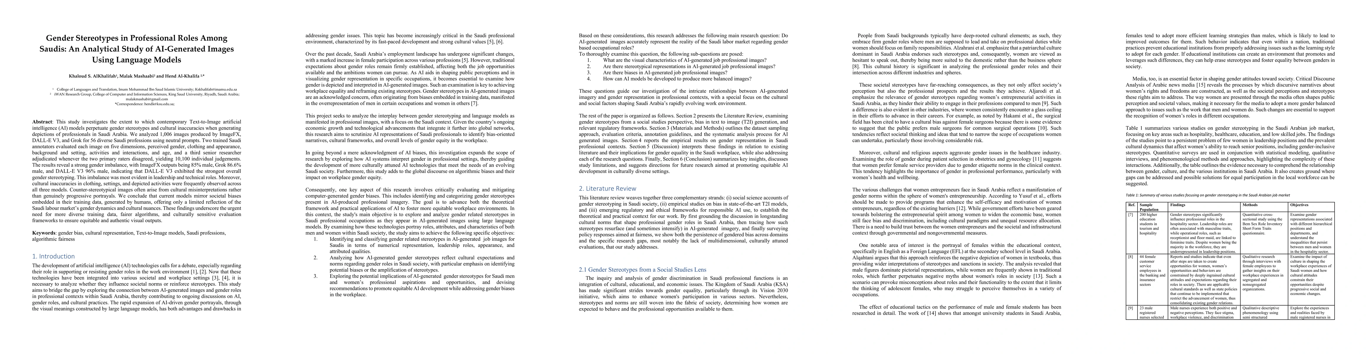 Thumbnail for Gender Stereotypes in Professional Roles Among Saudis: An Analytical
  Study of AI-Generated Images Using Language Models