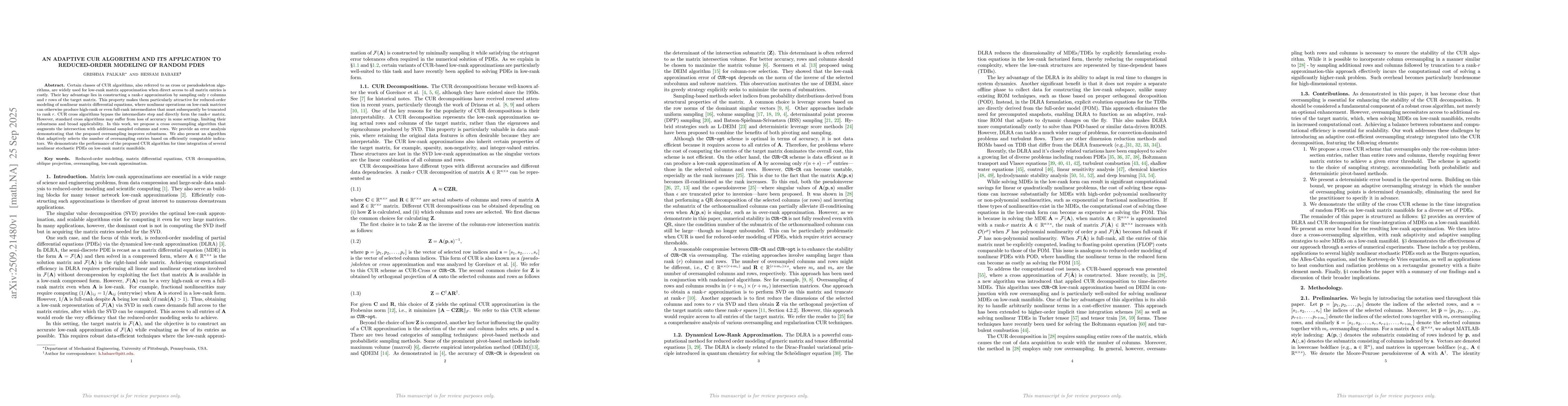 Thumbnail for An Adaptive CUR Algorithm and its Application to Reduced-Order Modeling
  of Random PDEs
