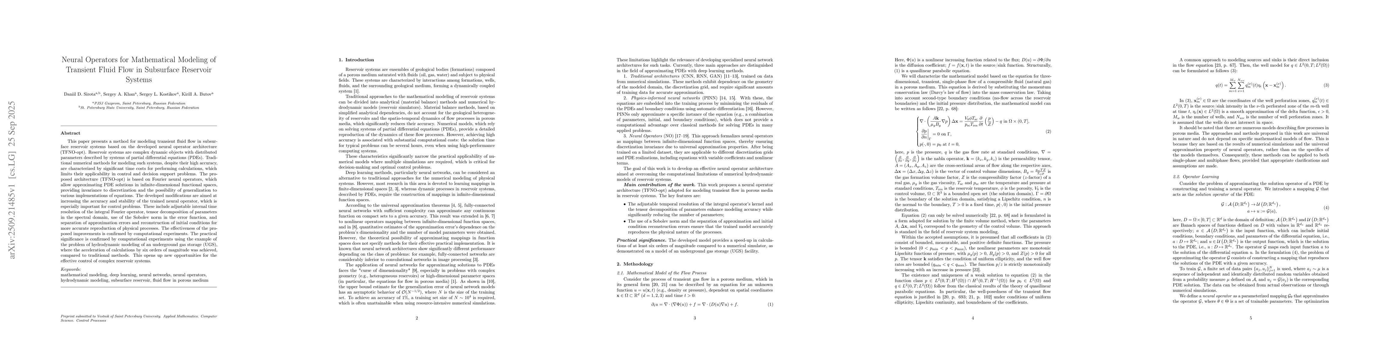 Thumbnail for Neural Operators for Mathematical Modeling of Transient Fluid Flow in
  Subsurface Reservoir Systems