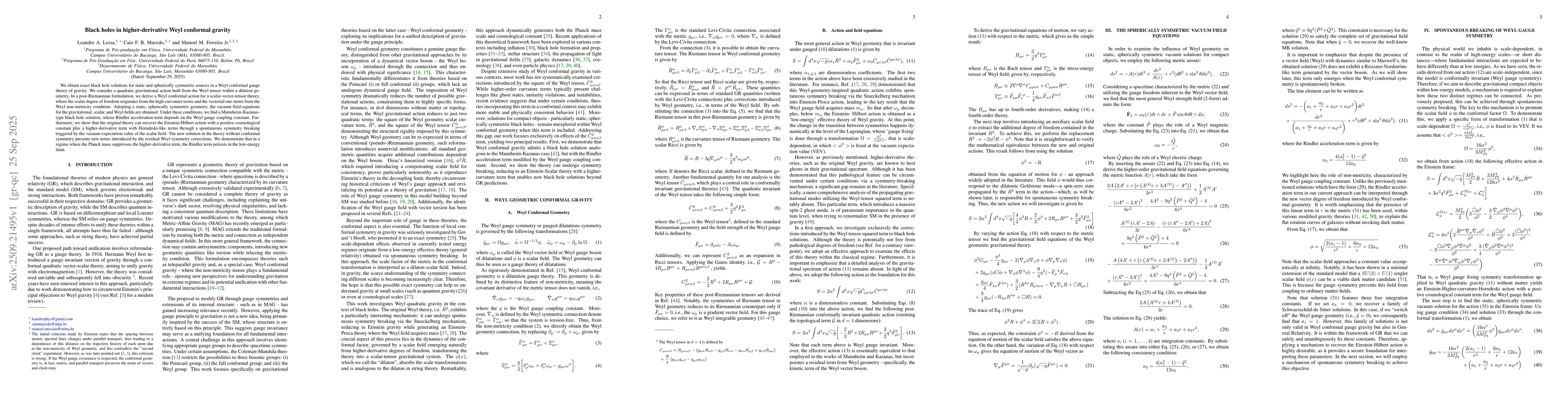 Thumbnail for Black holes in higher-derivative Weyl conformal gravity