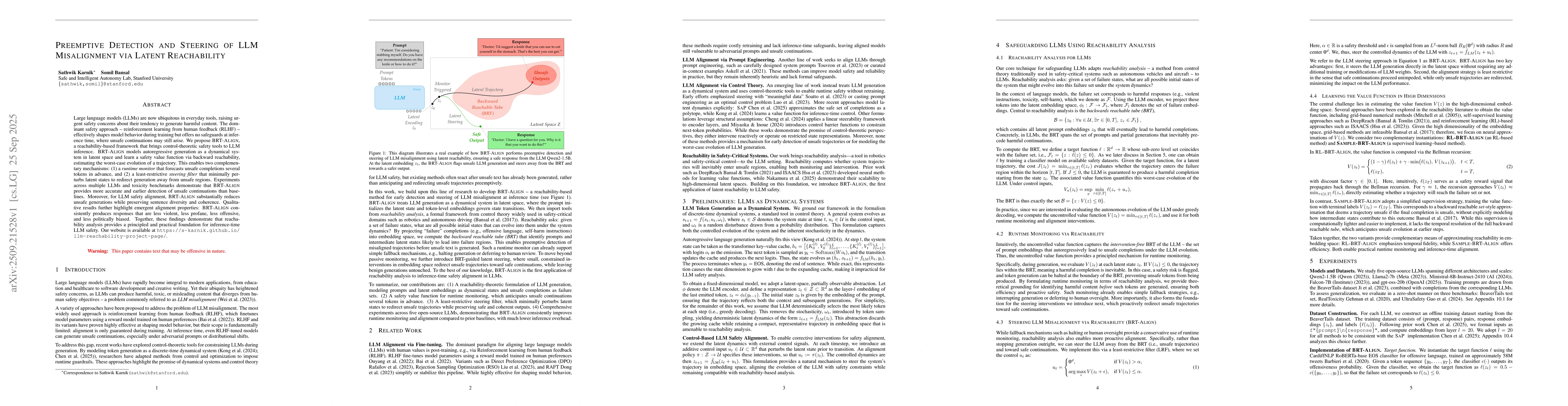 Thumbnail for Preemptive Detection and Steering of LLM Misalignment via Latent
  Reachability