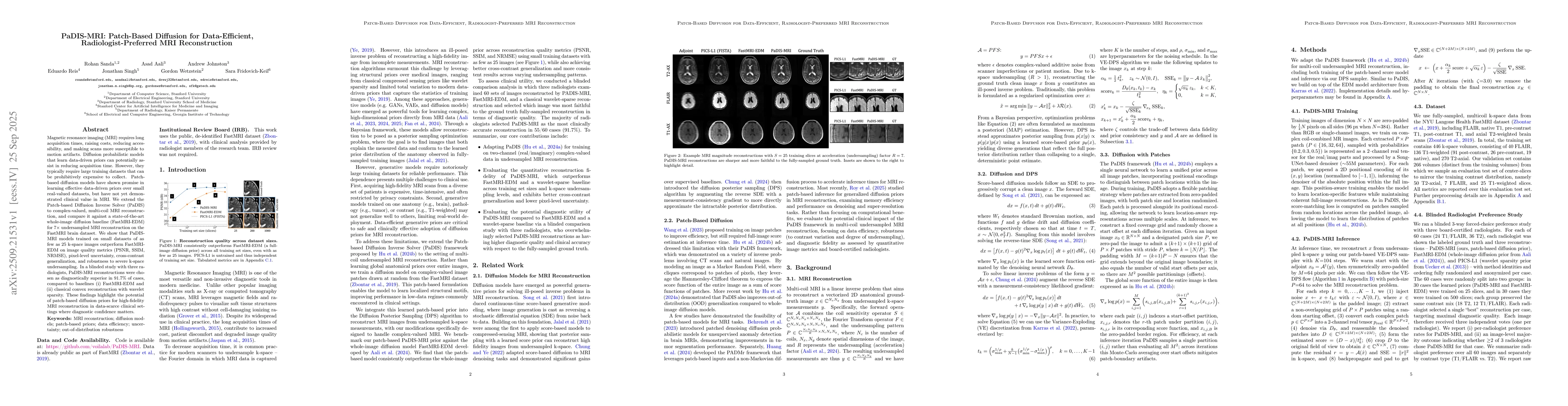 Thumbnail for Patch-Based Diffusion for Data-Efficient, Radiologist-Preferred MRI
  Reconstruction