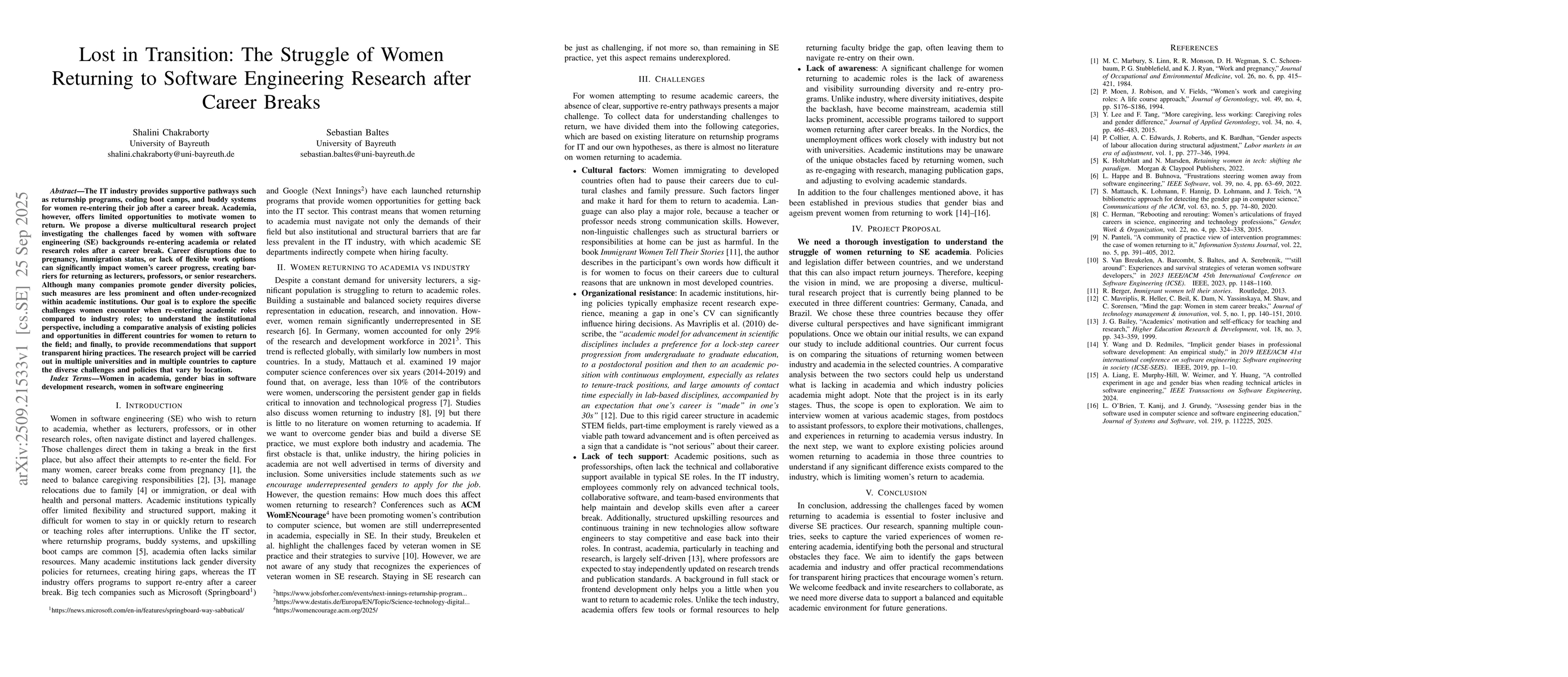 Thumbnail for Lost in Transition: The Struggle of Women Returning to Software
  Engineering Research after Career Breaks