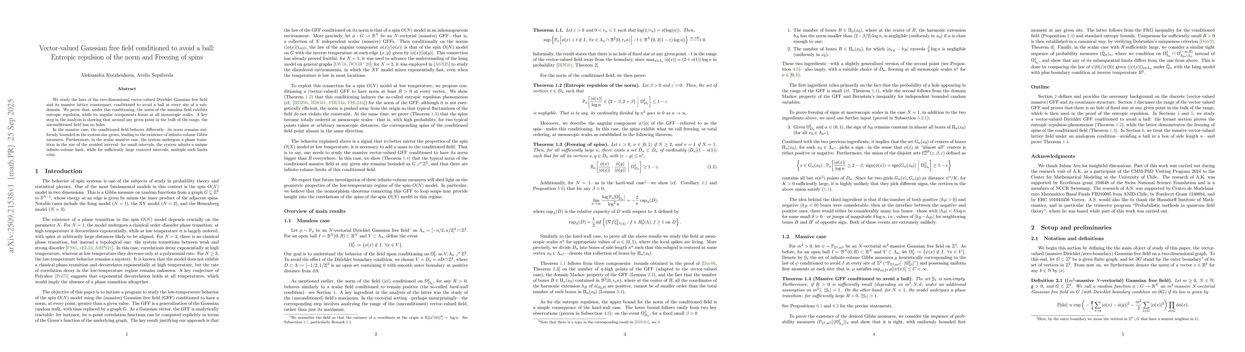 Thumbnail for Vector-valued Gaussian free field conditioned to avoid a ball: Entropic
  repulsion of the norm and Freezing of spins