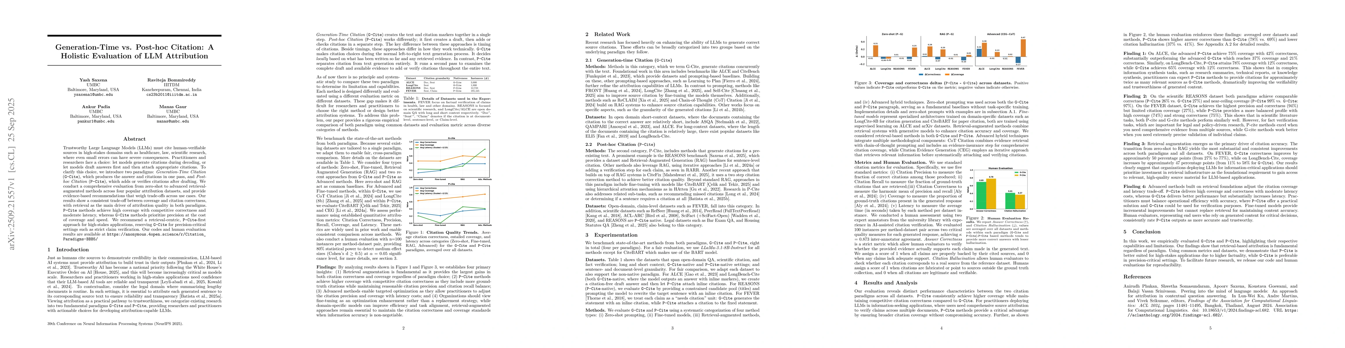 Thumbnail for Generation-Time vs. Post-hoc Citation: A Holistic Evaluation of LLM
  Attribution