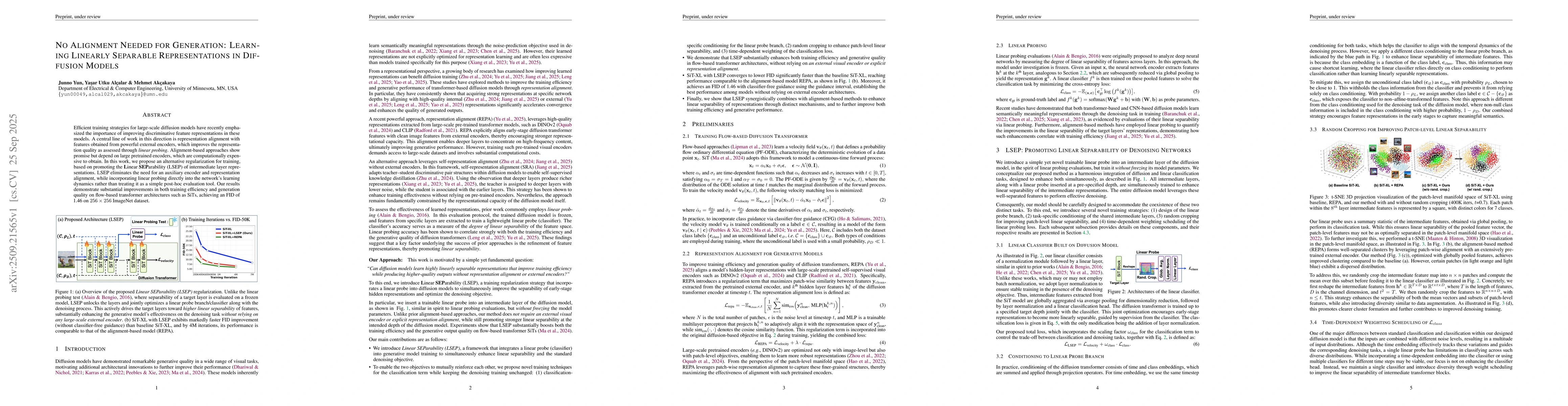 Thumbnail for No Alignment Needed for Generation: Learning Linearly Separable
  Representations in Diffusion Models