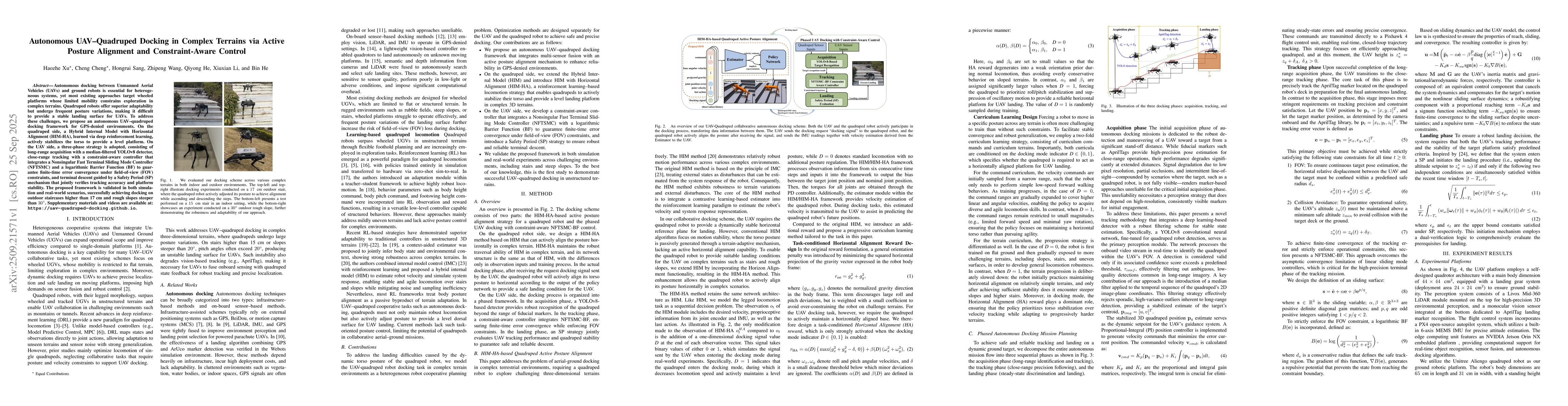 Thumbnail for Autonomous UAV-Quadruped Docking in Complex Terrains via Active Posture
  Alignment and Constraint-Aware Control