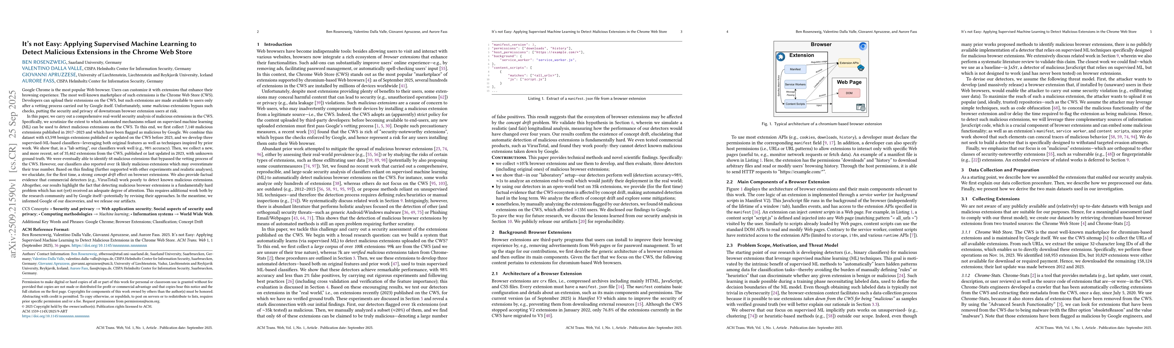 Thumbnail for It's not Easy: Applying Supervised Machine Learning to Detect Malicious
  Extensions in the Chrome Web Store