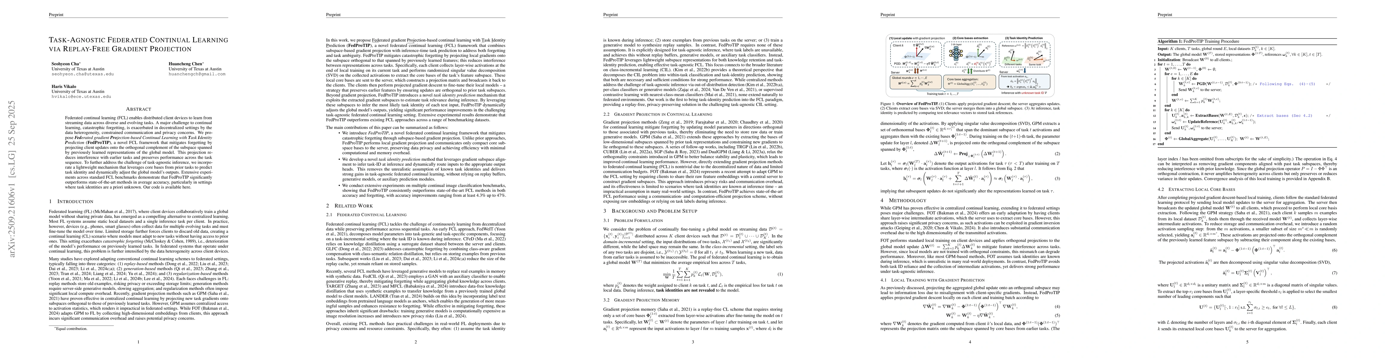 Thumbnail for Task-Agnostic Federated Continual Learning via Replay-Free Gradient
  Projection