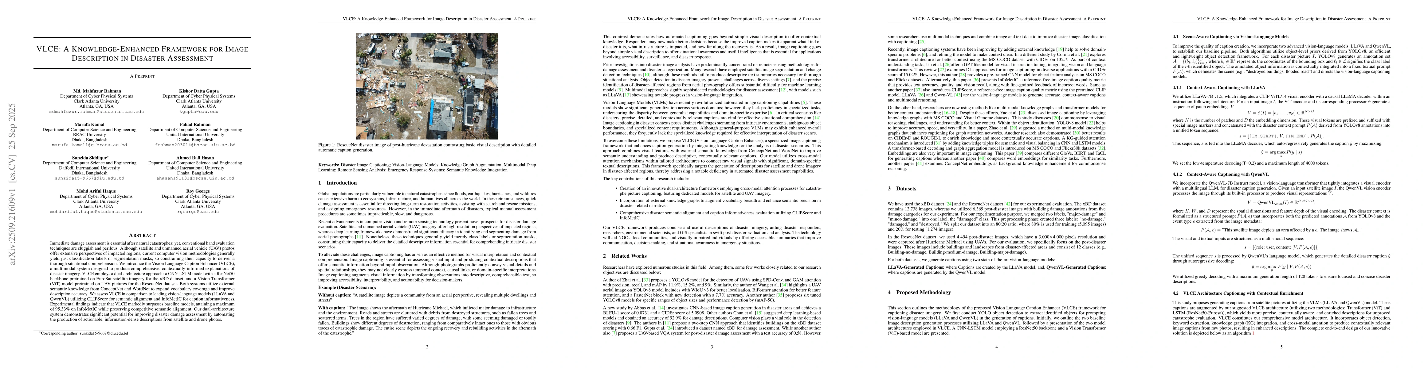 Thumbnail for VLCE: A Knowledge-Enhanced Framework for Image Description in Disaster
  Assessment