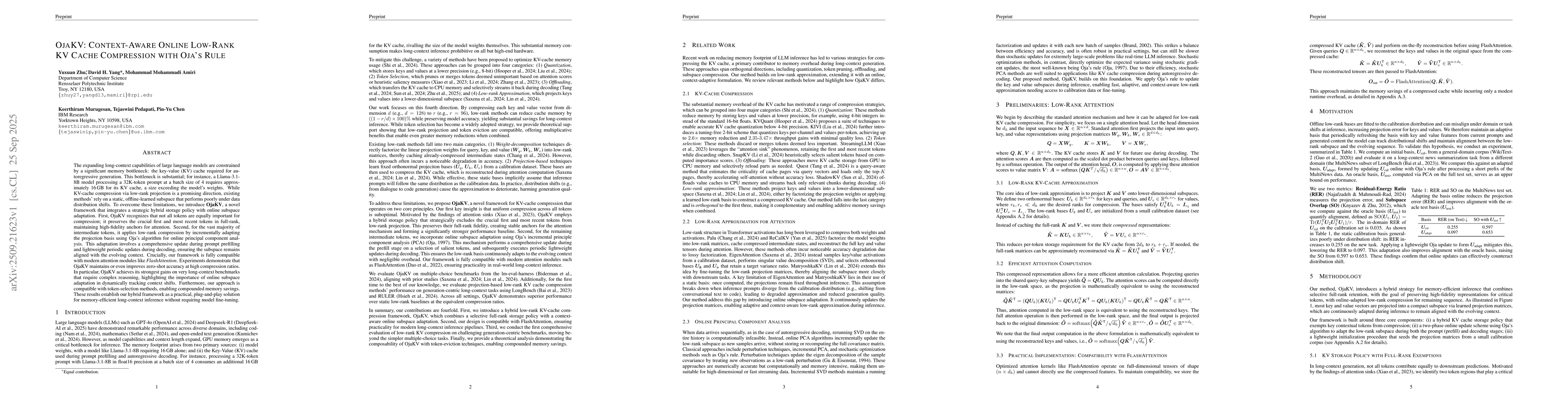 Thumbnail for OjaKV: Context-Aware Online Low-Rank KV Cache Compression with Oja's
  Rule