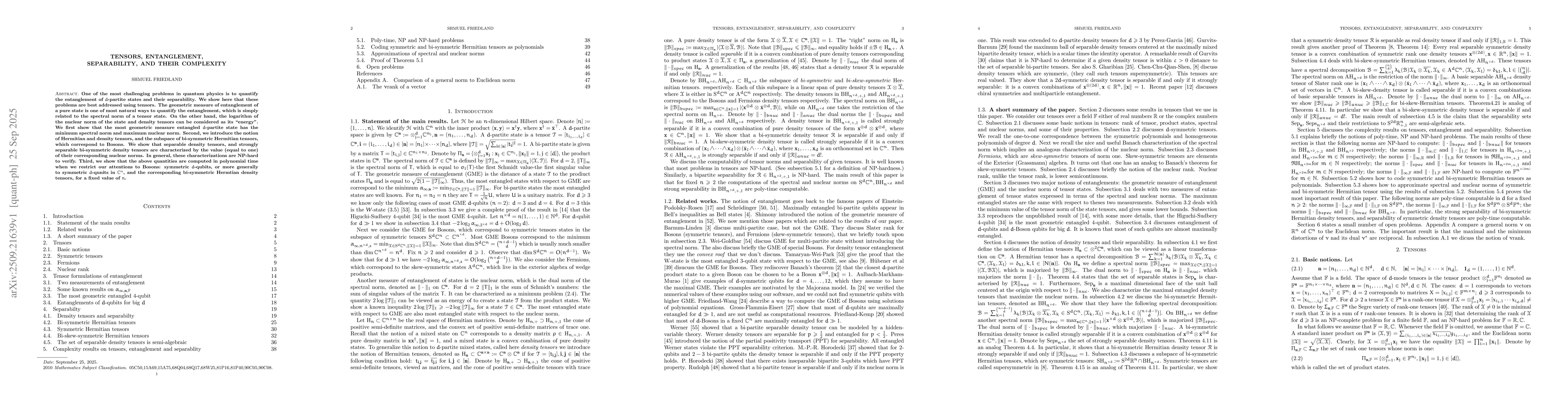 Thumbnail for Tensors, entanglement, separability, and their complexity