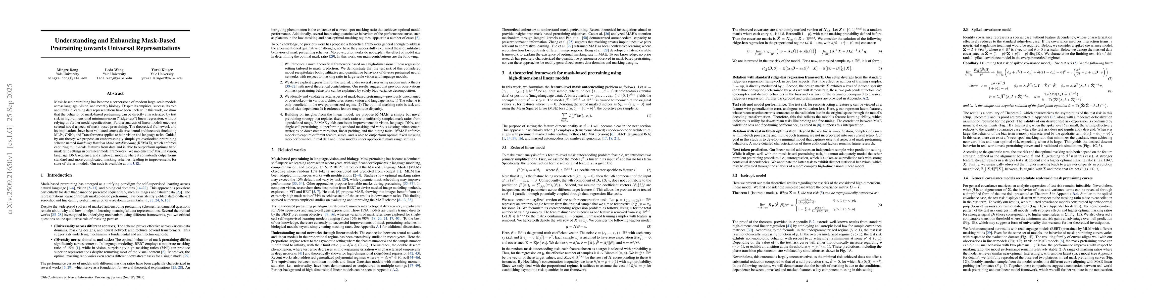 Thumbnail for Understanding and Enhancing Mask-Based Pretraining towards Universal
  Representations