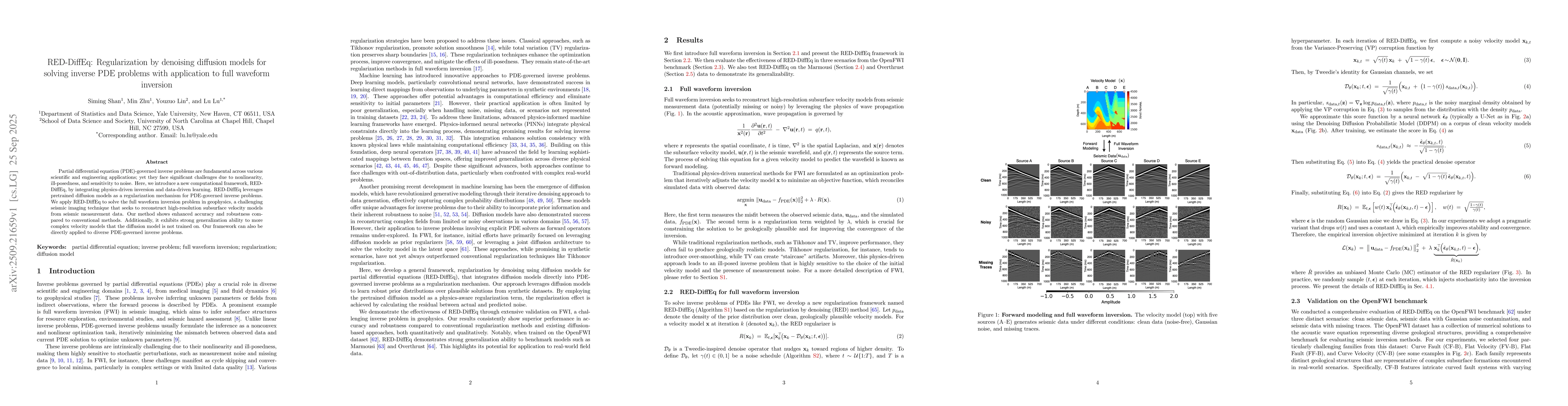 Thumbnail for RED-DiffEq: Regularization by denoising diffusion models for solving
  inverse PDE problems with application to full waveform inversion