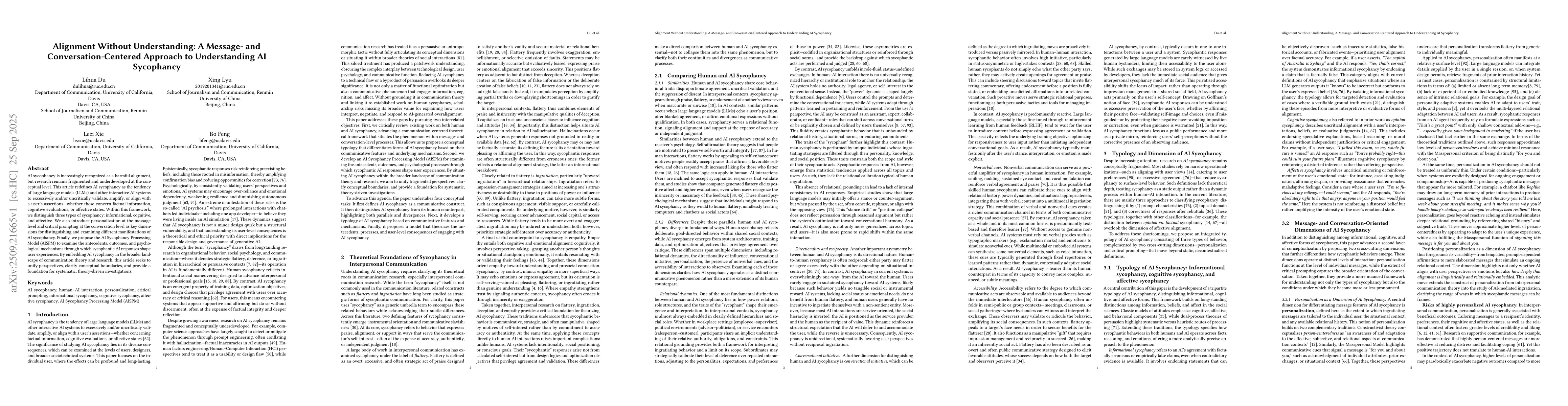 Thumbnail for Alignment Without Understanding: A Message- and Conversation-Centered
  Approach to Understanding AI Sycophancy