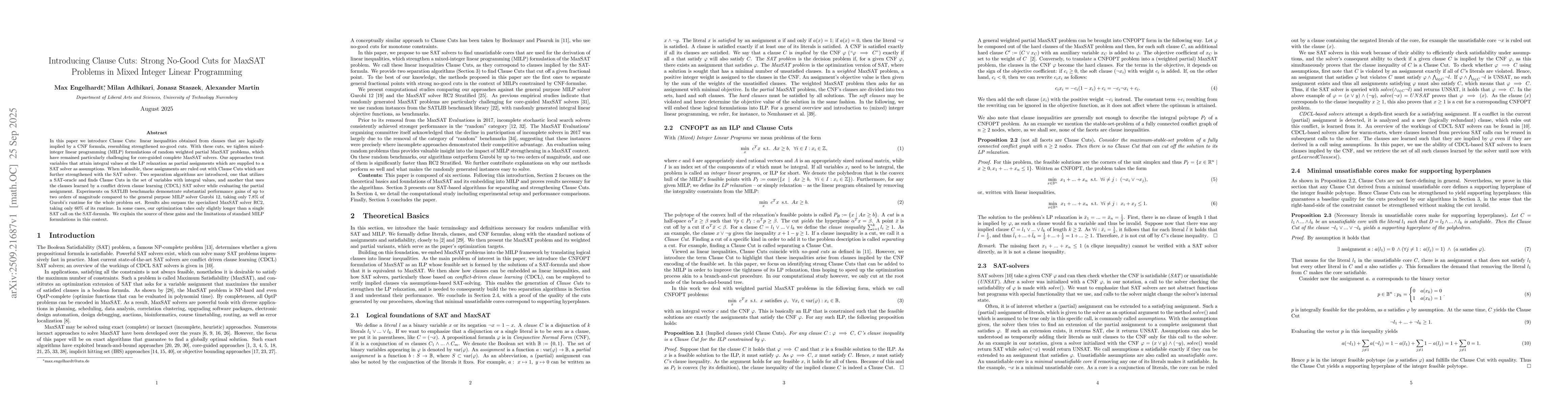 Thumbnail for Introducing Clause Cuts: Strong No-Good Cuts for MaxSAT Problems in
  Mixed Integer Linear Programming