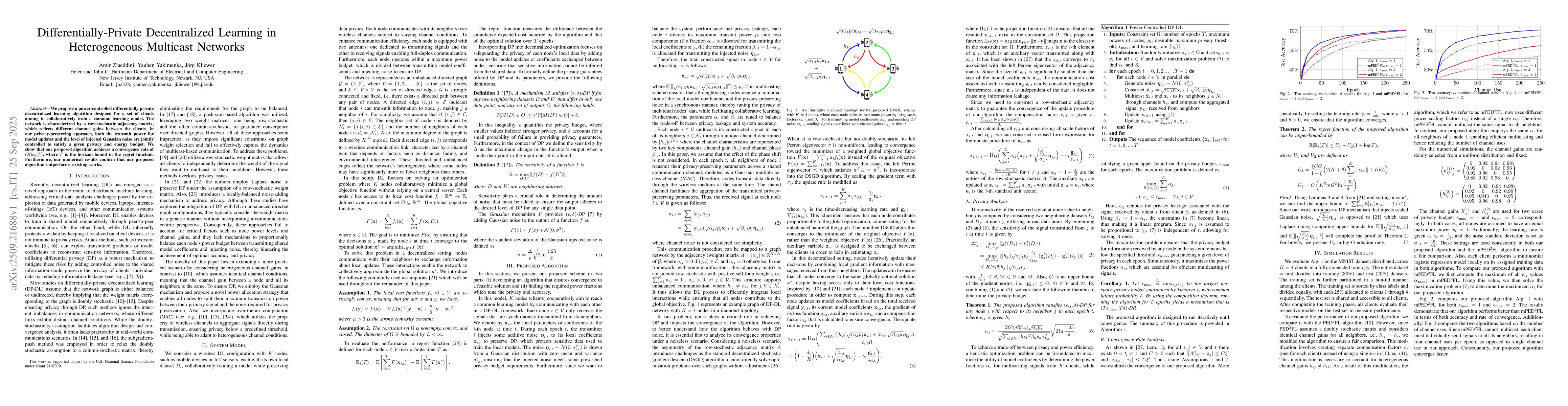 Thumbnail for Differentially-Private Decentralized Learning in Heterogeneous Multicast
  Networks