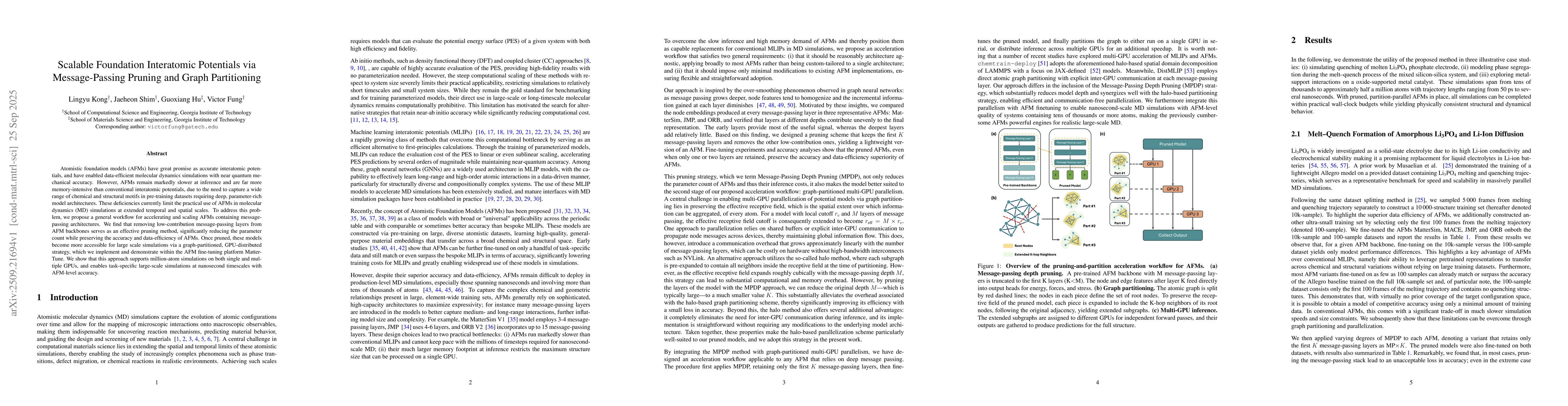 Thumbnail for Scalable Foundation Interatomic Potentials via Message-Passing Pruning
  and Graph Partitioning