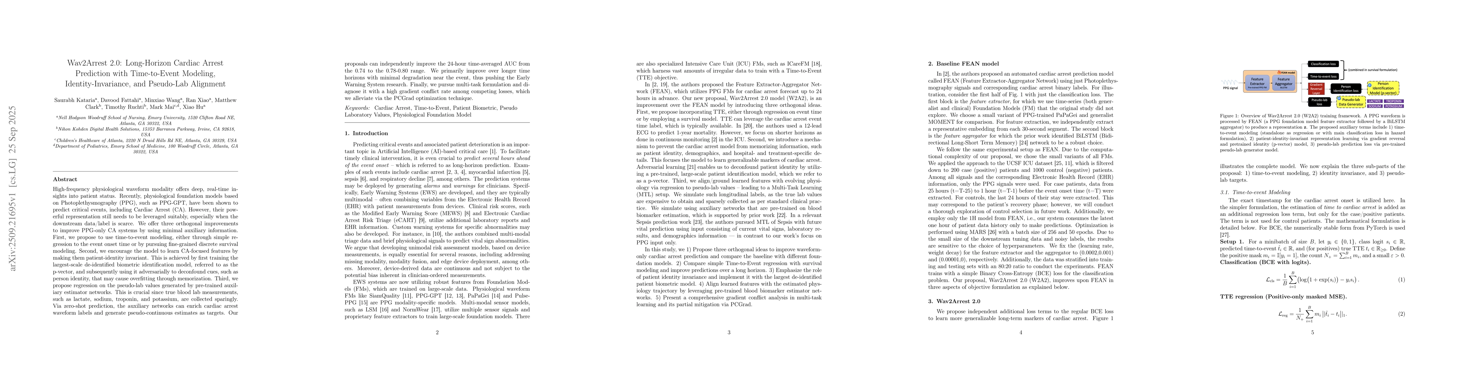 Thumbnail for Wav2Arrest 2.0: Long-Horizon Cardiac Arrest Prediction with
  Time-to-Event Modeling, Identity-Invariance, and Pseudo-Lab Alignment