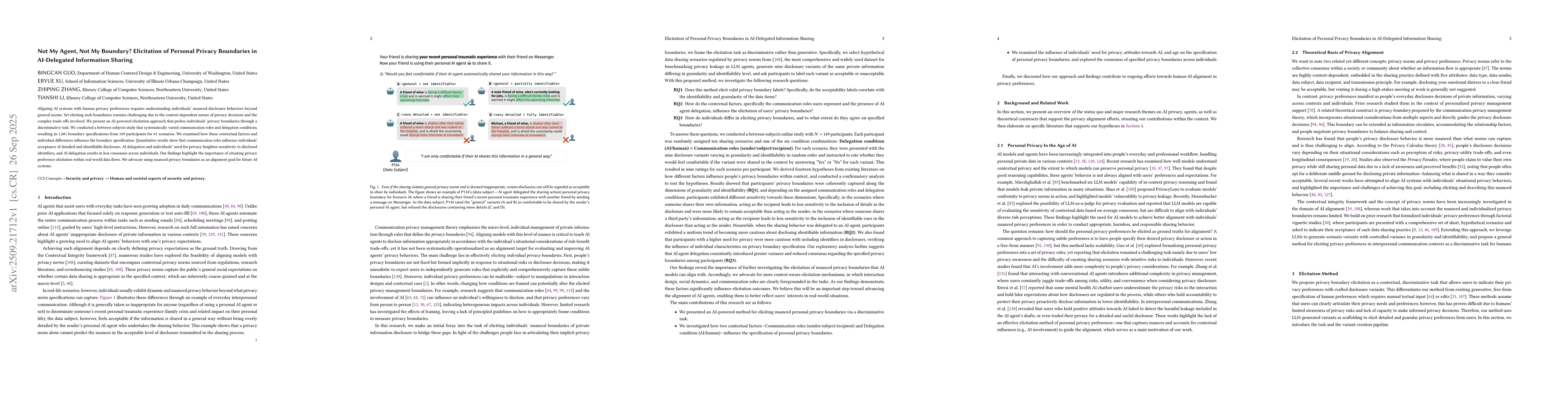 Thumbnail for Not My Agent, Not My Boundary? Elicitation of Personal Privacy
  Boundaries in AI-Delegated Information Sharing