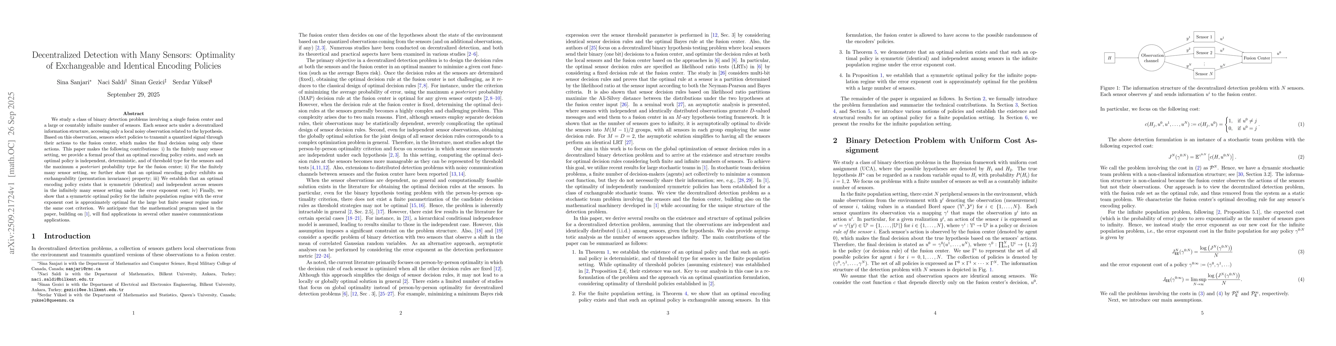 Thumbnail for Decentralized Detection with Many Sensors: Optimality of Exchangeable
  and Identical Encoding Policies