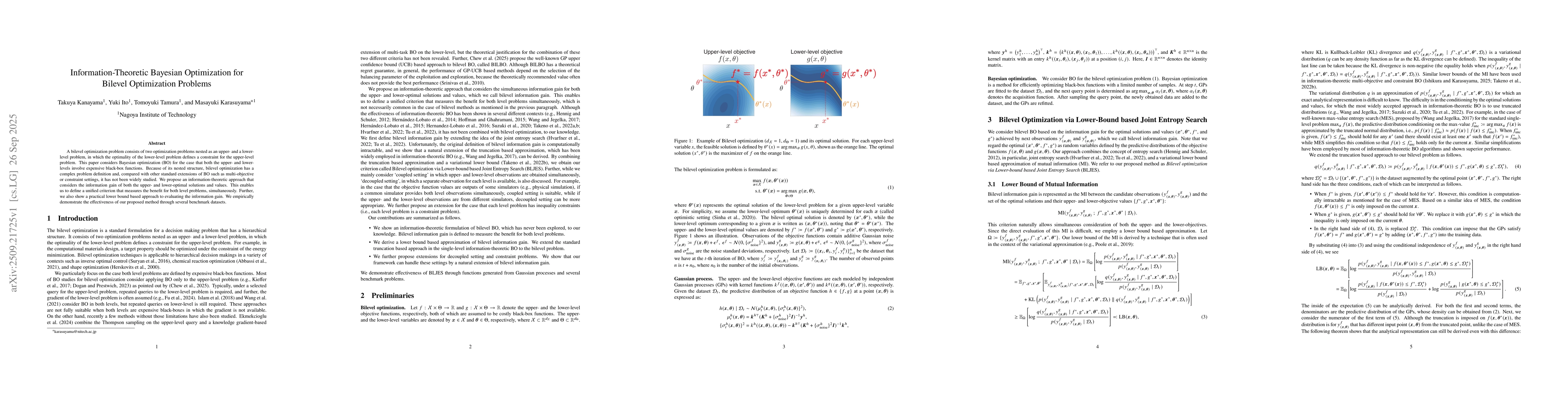 Thumbnail for Information-Theoretic Bayesian Optimization for Bilevel Optimization
  Problems