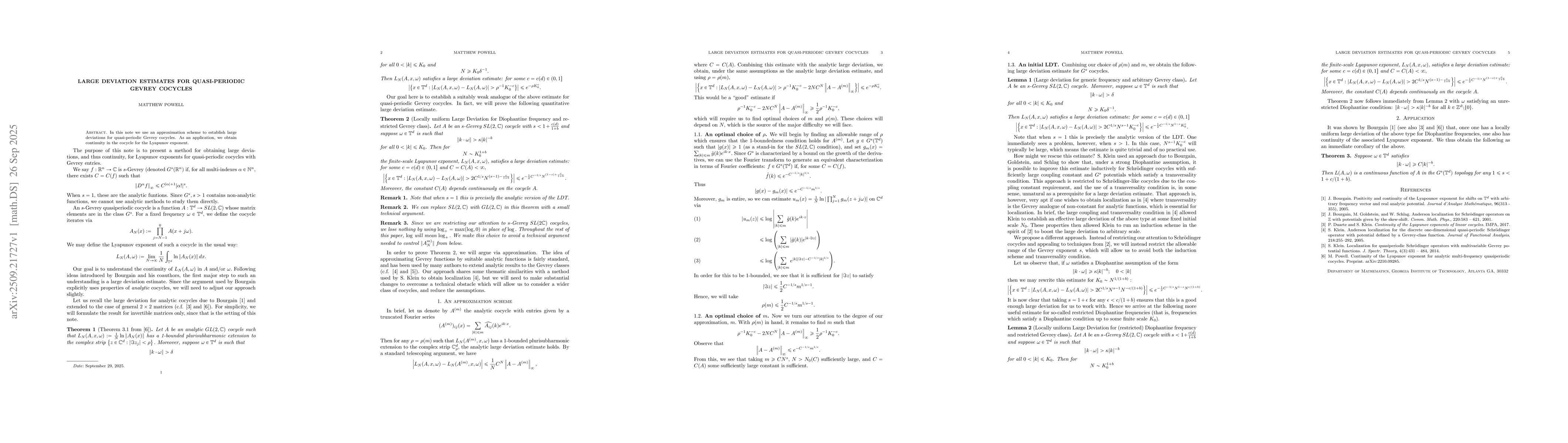 Thumbnail for Large deviation estimates for quasi-periodic Gevrey cocycles