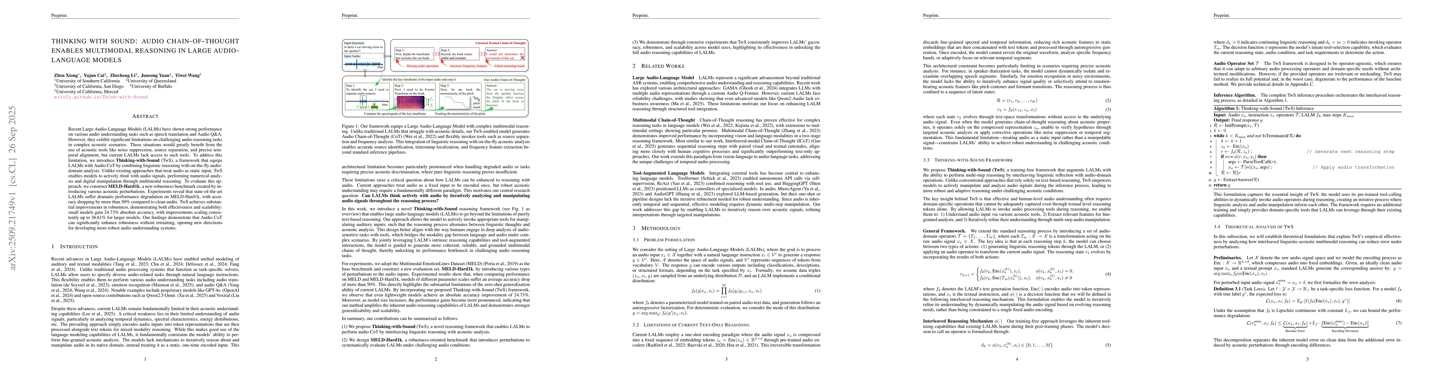 Thumbnail for Thinking with Sound: Audio Chain-of-Thought Enables Multimodal Reasoning
  in Large Audio-Language Models