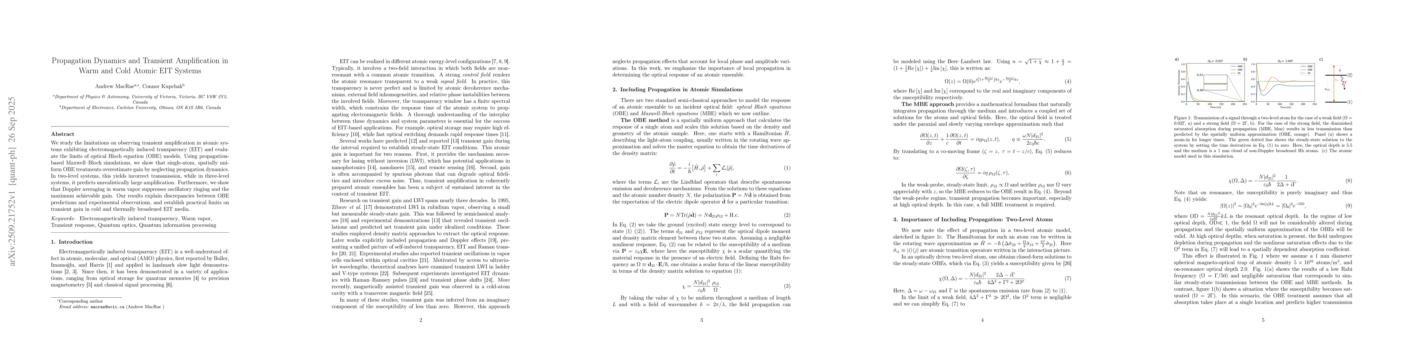 Thumbnail for Propagation Dynamics and Transient Amplification in Warm and Cold Atomic
  EIT Systems