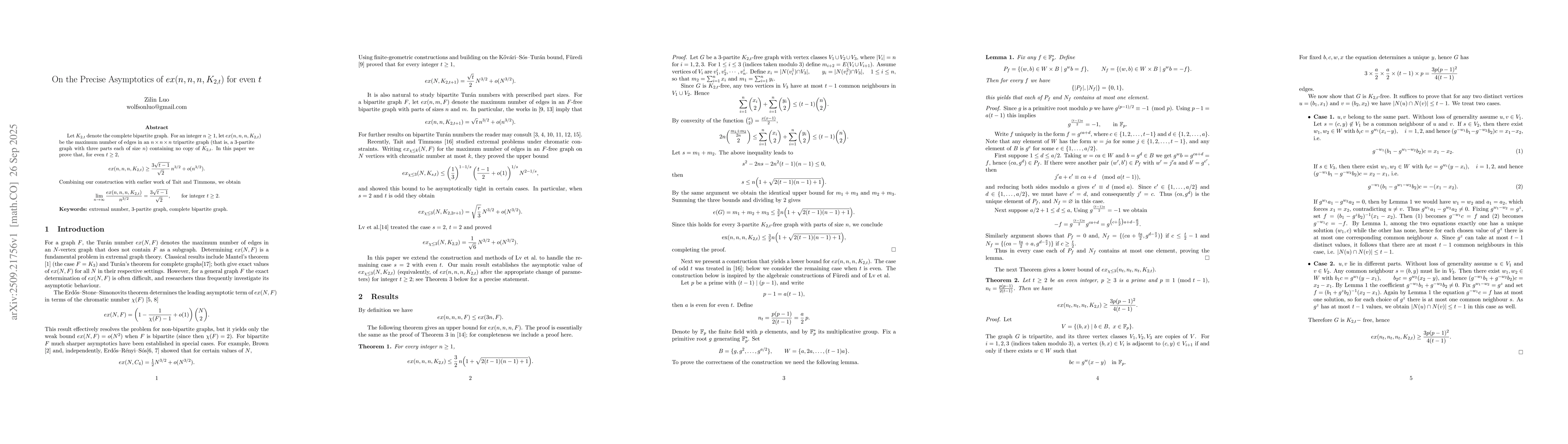 Thumbnail for On the Precise Asymptotics of $ex(n,n,n,K_{2,t})$ for even $t$
