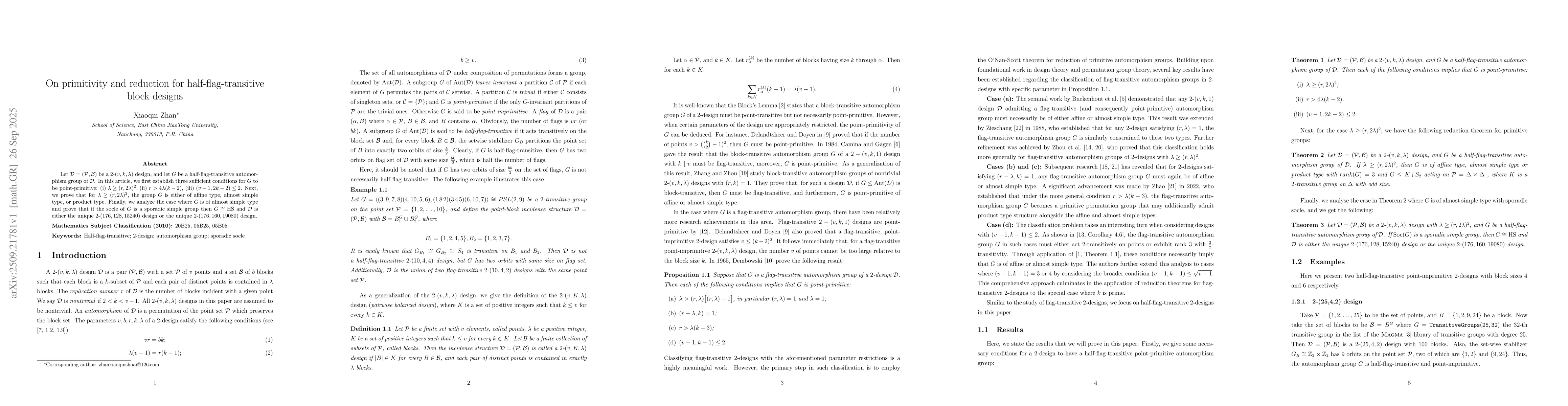 Thumbnail for On primitivity and reduction for half-flag-transitive block designs