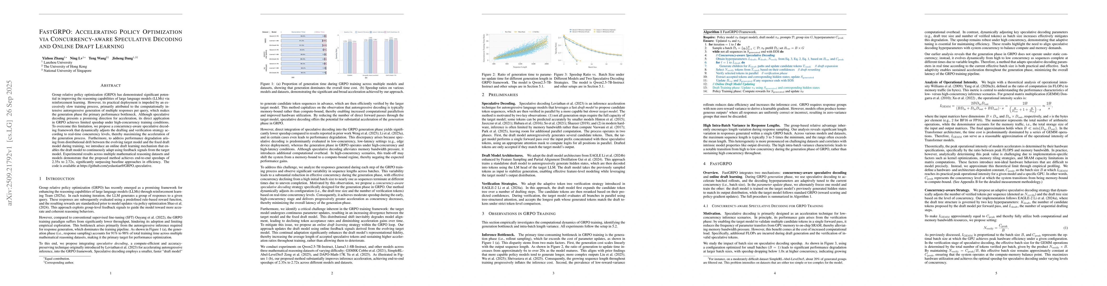 Thumbnail for FastGRPO: Accelerating Policy Optimization via Concurrency-aware
  Speculative Decoding and Online Draft Learning