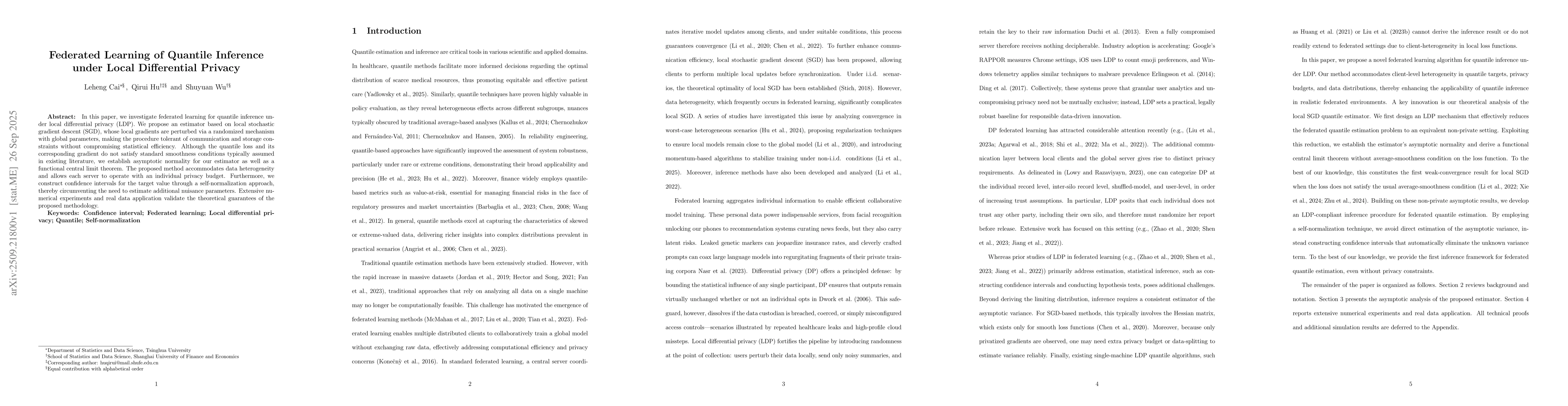 Thumbnail for Federated Learning of Quantile Inference under Local Differential
  Privacy
