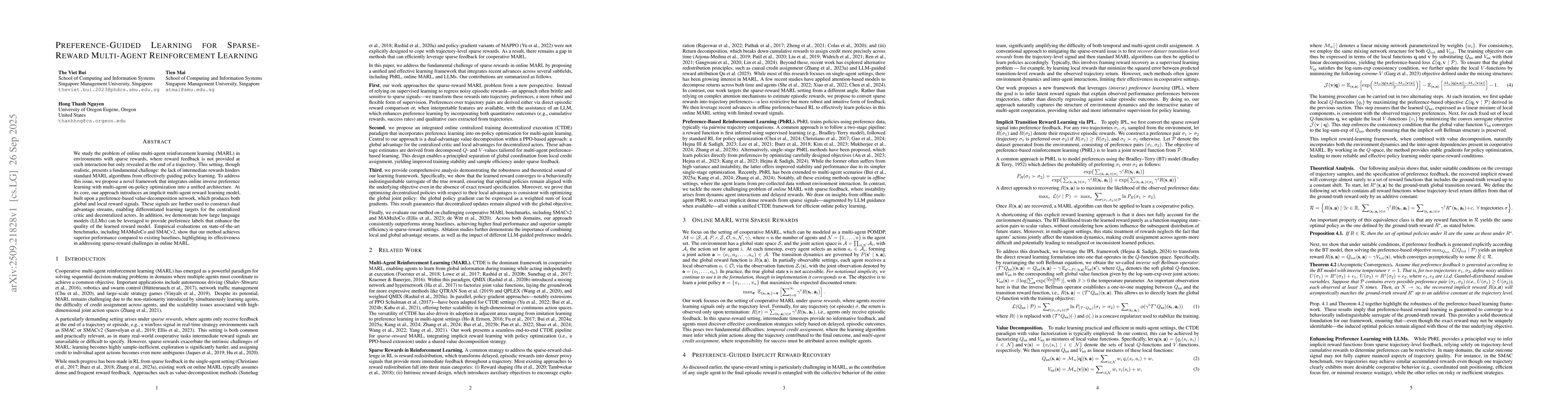 Thumbnail for Preference-Guided Learning for Sparse-Reward Multi-Agent Reinforcement
  Learning