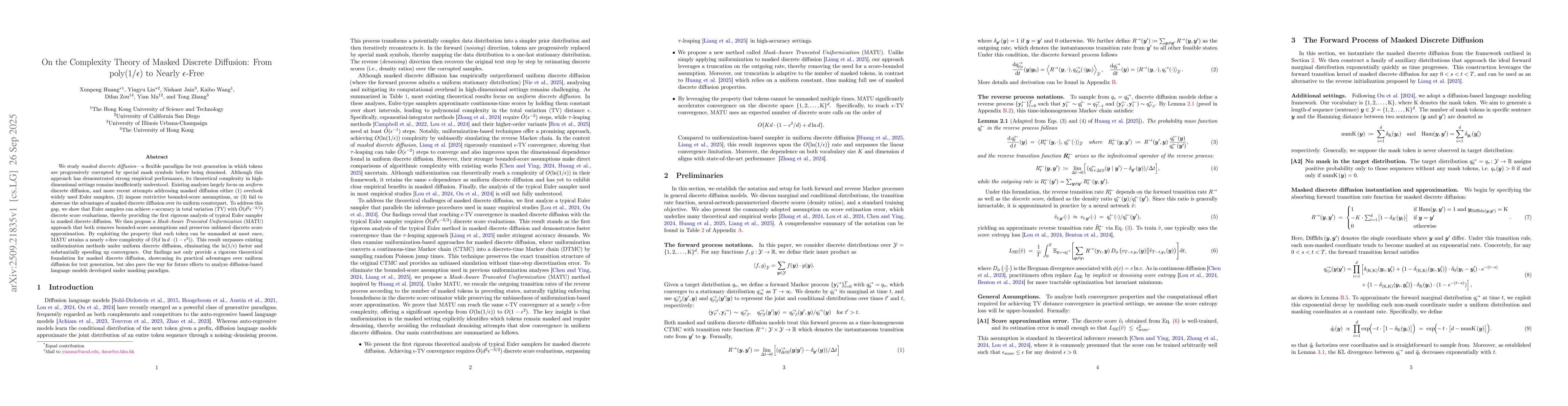 Thumbnail for On the Complexity Theory of Masked Discrete Diffusion: From
  $\mathrm{poly}(1/ε)$ to Nearly $ε$-Free