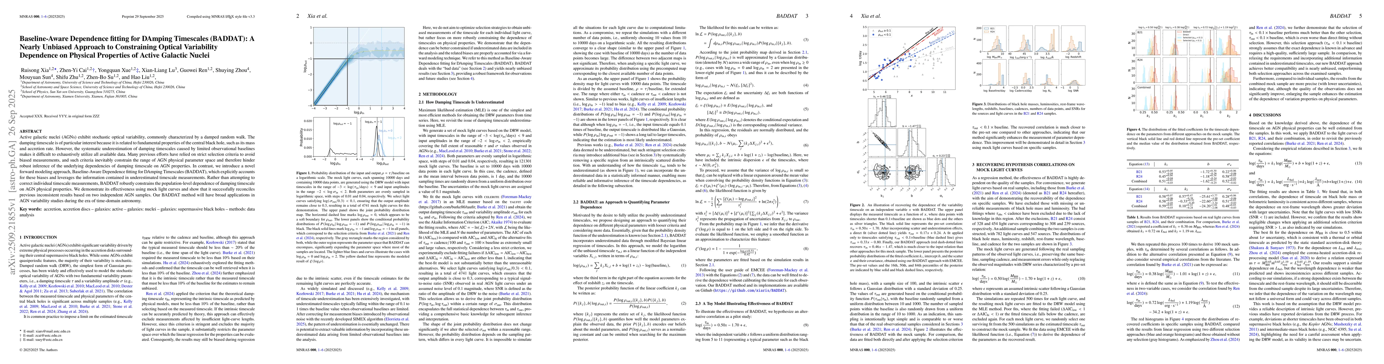 Thumbnail for Baseline-Aware Dependence fitting for DAmping Timescales (BADDAT): A
  Nearly Unbiased Approach to Constraining Optical Variability Dependence on
  Physical Properties of Active Galactic Nuclei