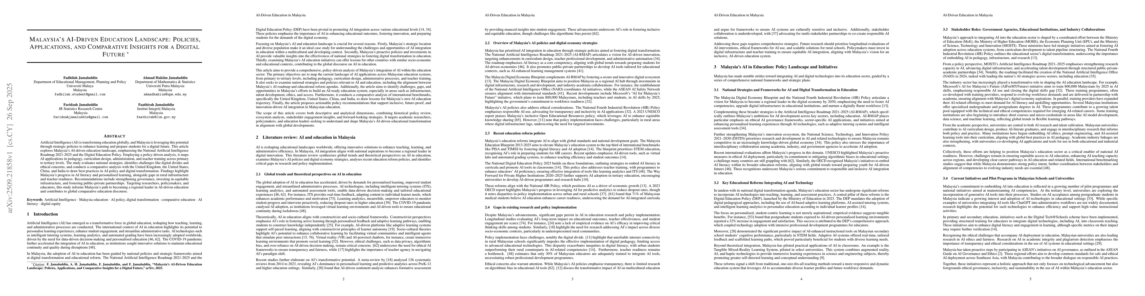 Thumbnail for Malaysia's AI-Driven Education Landscape: Policies, Applications, and
  Comparative Insights for a Digital Future