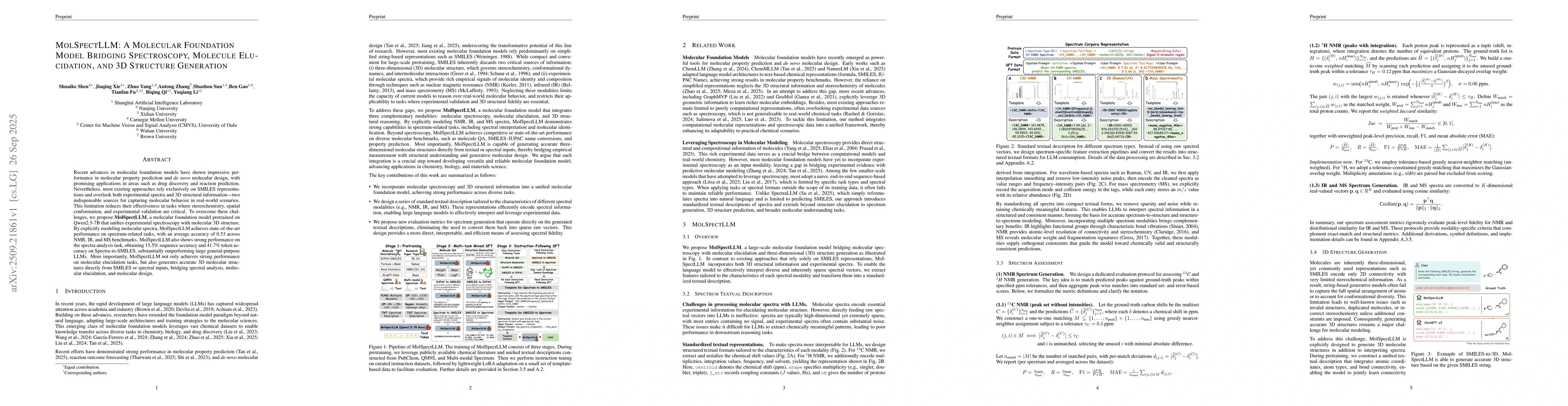 Thumbnail for MolSpectLLM: A Molecular Foundation Model Bridging Spectroscopy,
  Molecule Elucidation, and 3D Structure Generation