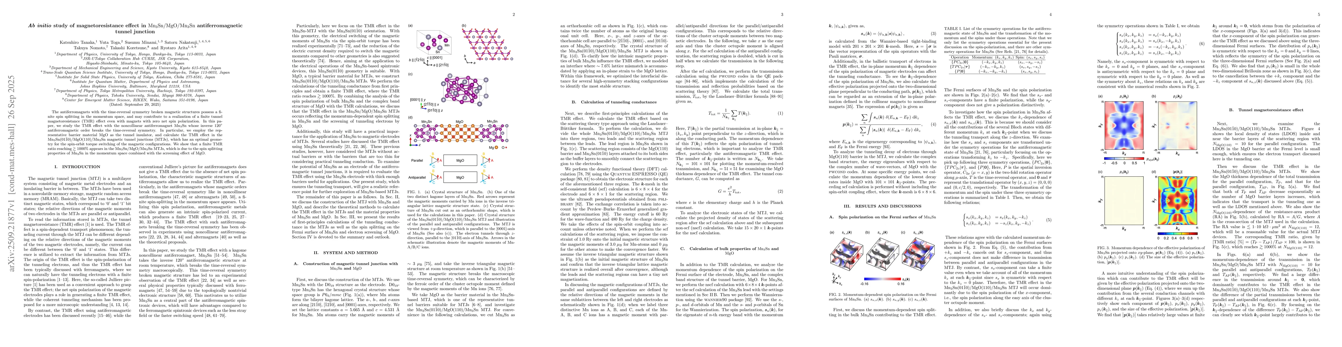 Thumbnail for Ab initio study of magnetoresistance effect in
  $\mathrm{Mn_{3}Sn}/\mathrm{MgO}/\mathrm{Mn_{3}Sn}$ antiferromagnetic tunnel
  junction