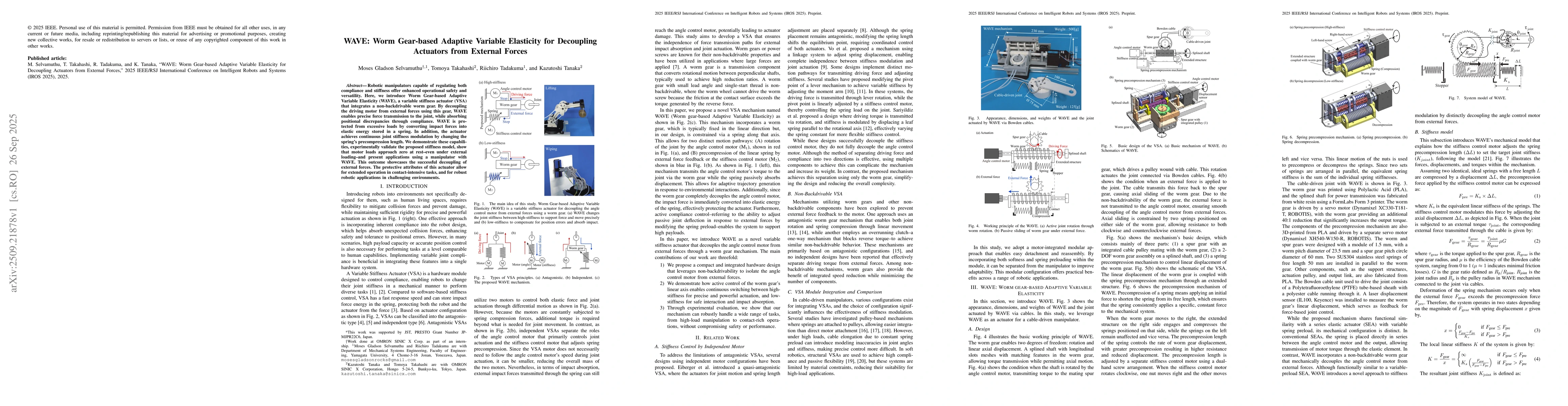 Thumbnail for WAVE: Worm Gear-based Adaptive Variable Elasticity for Decoupling
  Actuators from External Forces