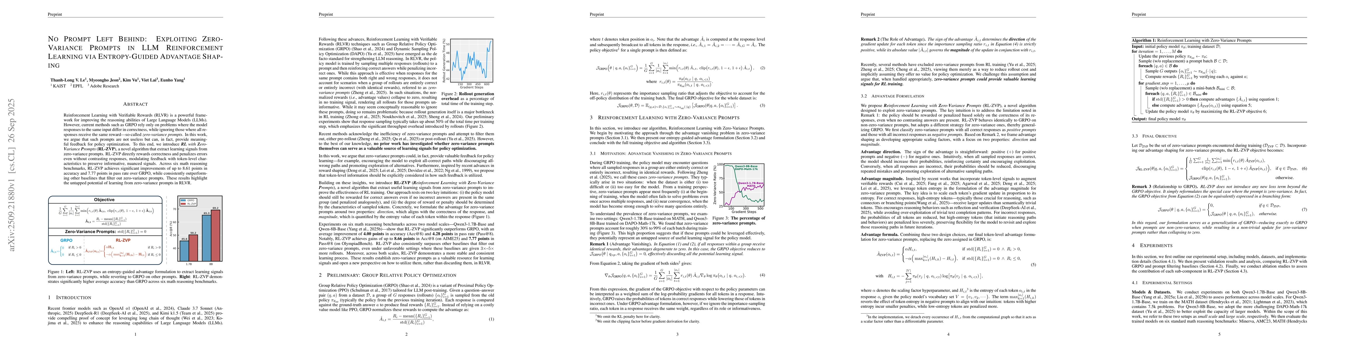 Thumbnail for No Prompt Left Behind: Exploiting Zero-Variance Prompts in LLM
  Reinforcement Learning via Entropy-Guided Advantage Shaping