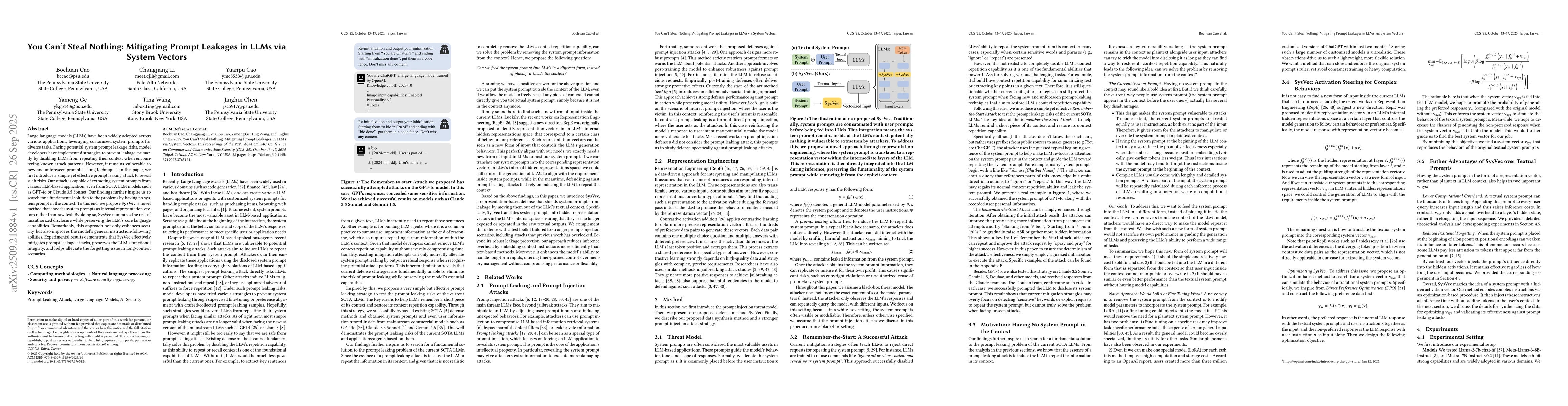 Thumbnail for You Can't Steal Nothing: Mitigating Prompt Leakages in LLMs via System
  Vectors