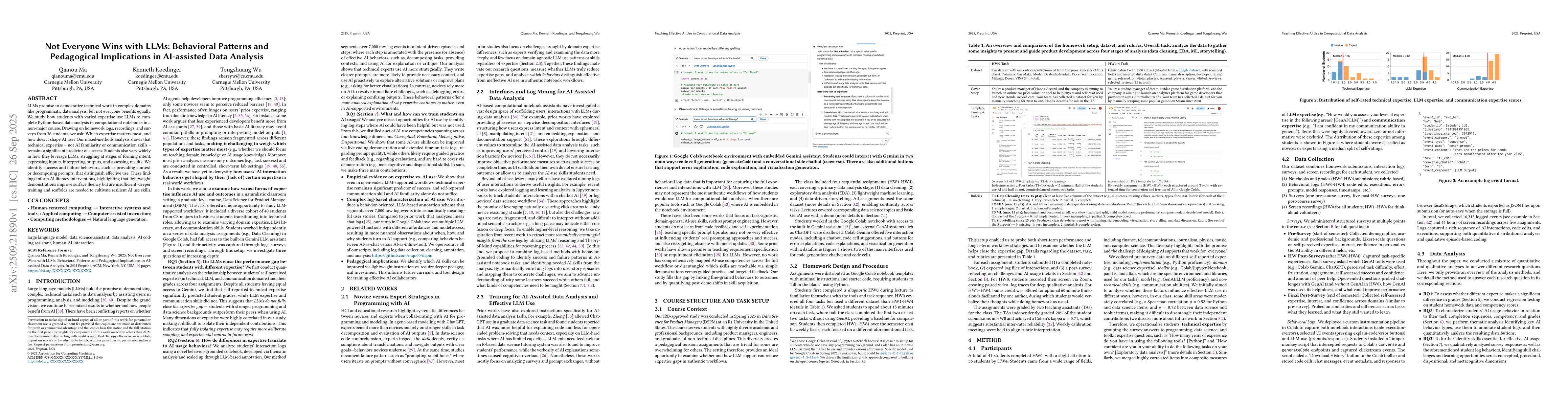 Thumbnail for Not Everyone Wins with LLMs: Behavioral Patterns and Pedagogical
  Implications in AI-assisted Data Analysis