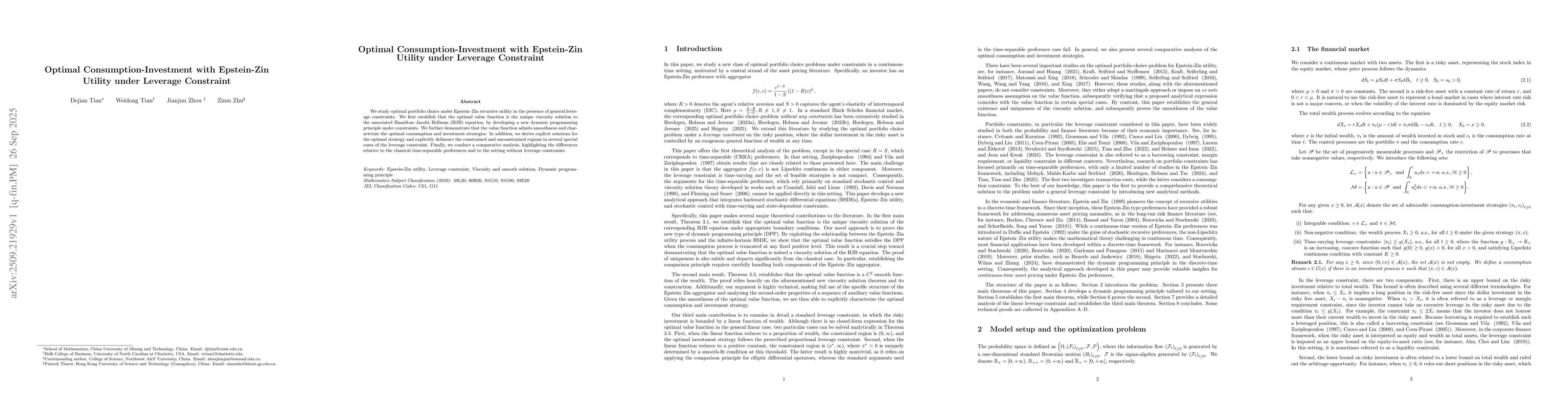 Thumbnail for Optimal Consumption-Investment with Epstein-Zin Utility under Leverage
  Constraint