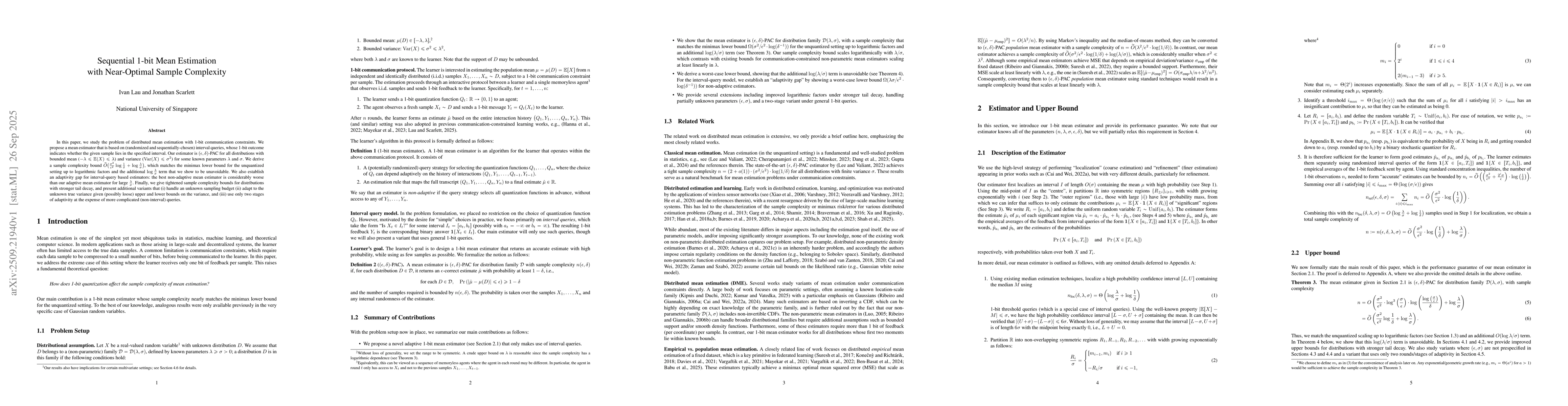 Thumbnail for Sequential 1-bit Mean Estimation with Near-Optimal Sample Complexity