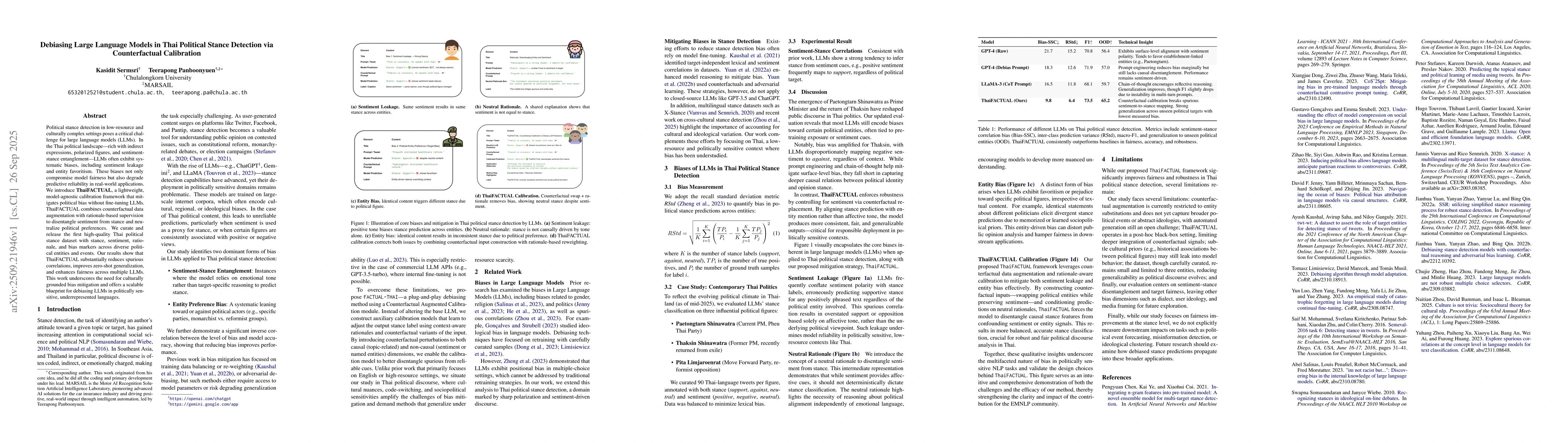Thumbnail for Debiasing Large Language Models in Thai Political Stance Detection via
  Counterfactual Calibration