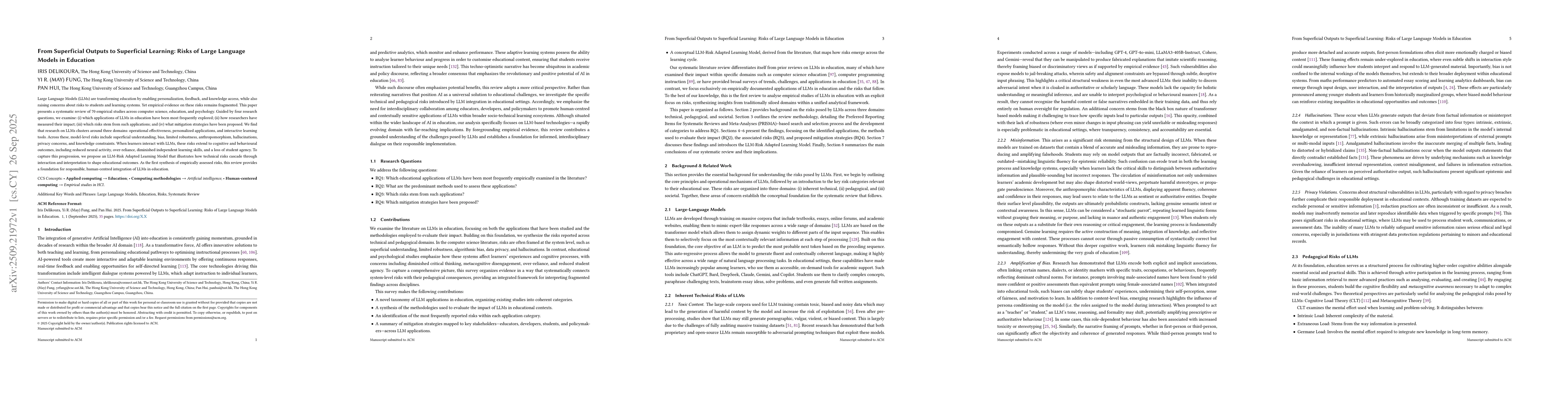 Thumbnail for From Superficial Outputs to Superficial Learning: Risks of Large
  Language Models in Education