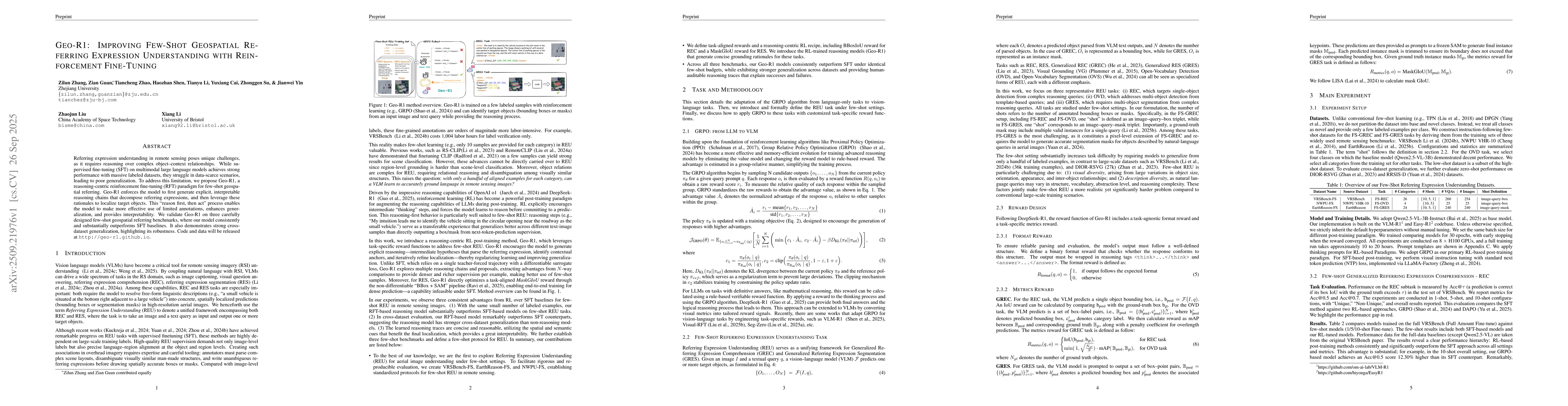 Thumbnail for Geo-R1: Improving Few-Shot Geospatial Referring Expression Understanding
  with Reinforcement Fine-Tuning
