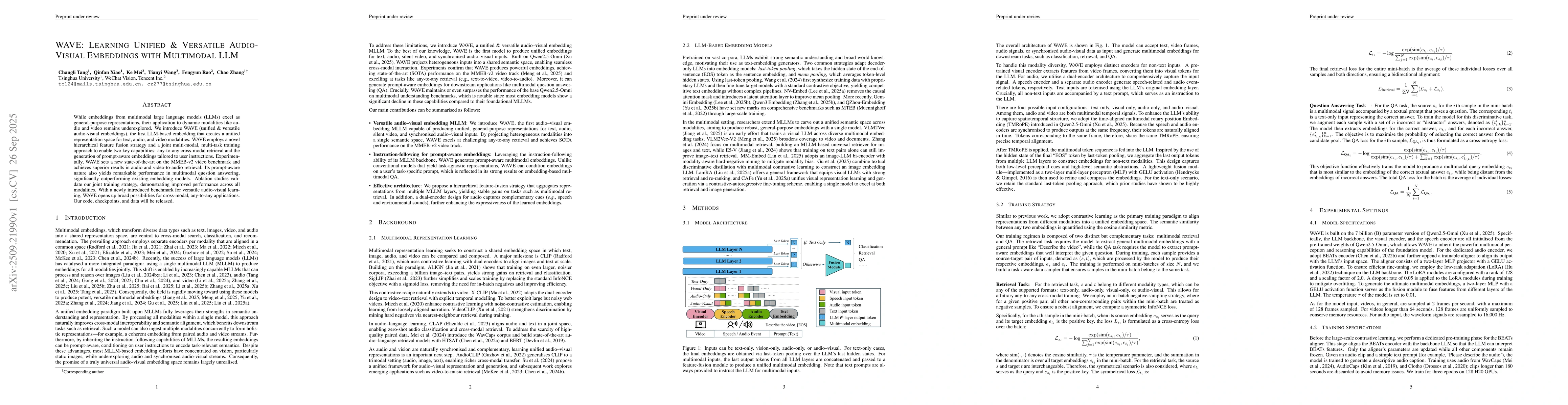 Thumbnail for WAVE: Learning Unified & Versatile Audio-Visual Embeddings with
  Multimodal LLM